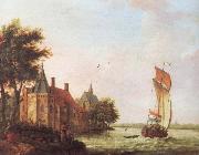 Francis Swaine A wooded river landscape in Hoolland with a Dutch hooder under sail in a brisk wind painting